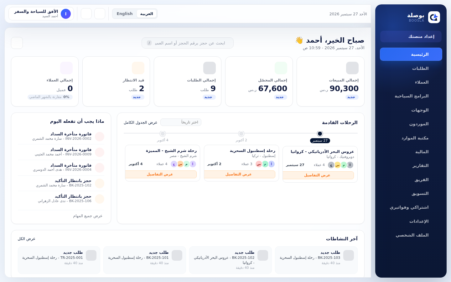 لوحة تحكم بوصلة — نظرة عامة على الطلبات والرحلات